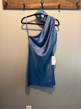 One-Shoulder Satin Mini Dress in Slate Blue